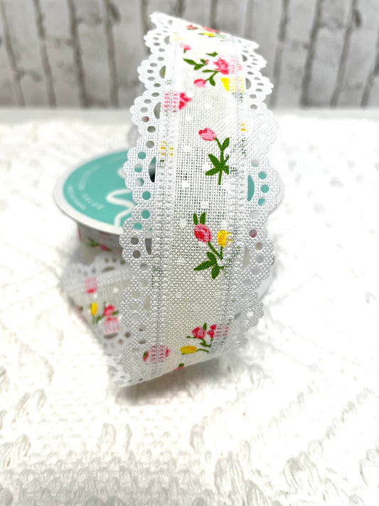 Vintage floral ribbon with lace trim, RGA856737