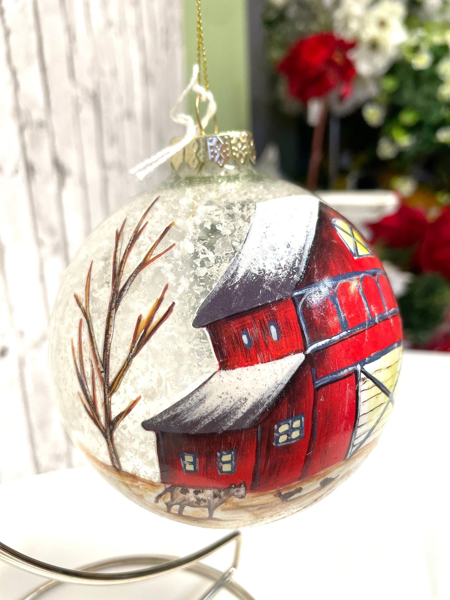Blown glass ball with painted barn Christmas ornament