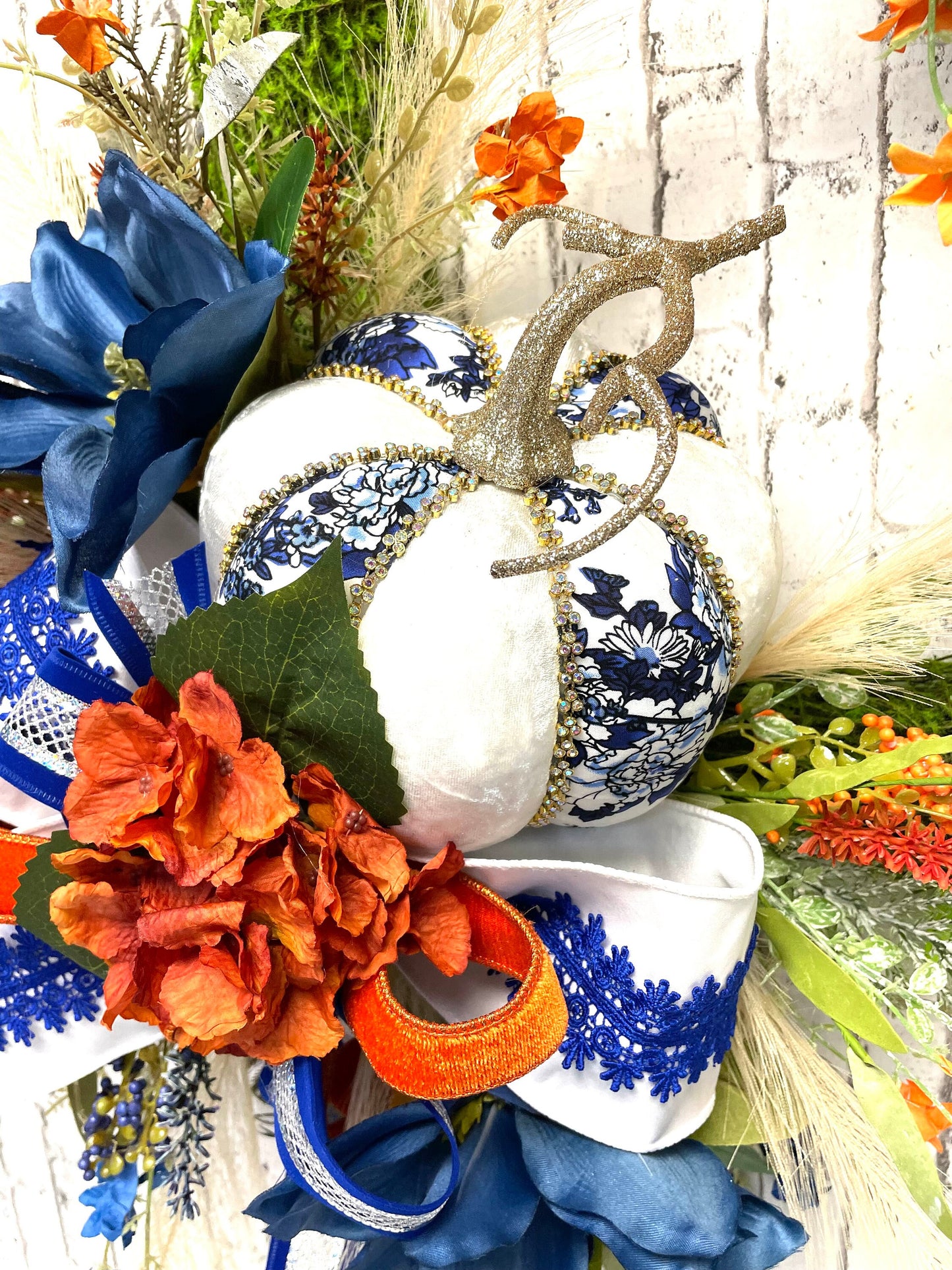 Fall wreath, fall boho wreath, fall decor, blue and orange fall wreath, pumpkin wreath, blue and orange boho decor, shipping included