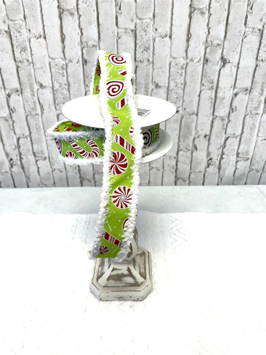 Christmas ribbon, peppermint ribbon, candy themed ribbon, RGO839433, lime green peppermint ribbon
