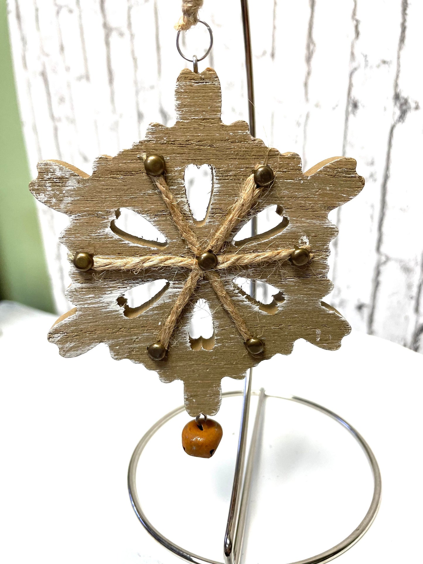 wood snowflake Christmas ornament or wreath attachment, unique ornament gift