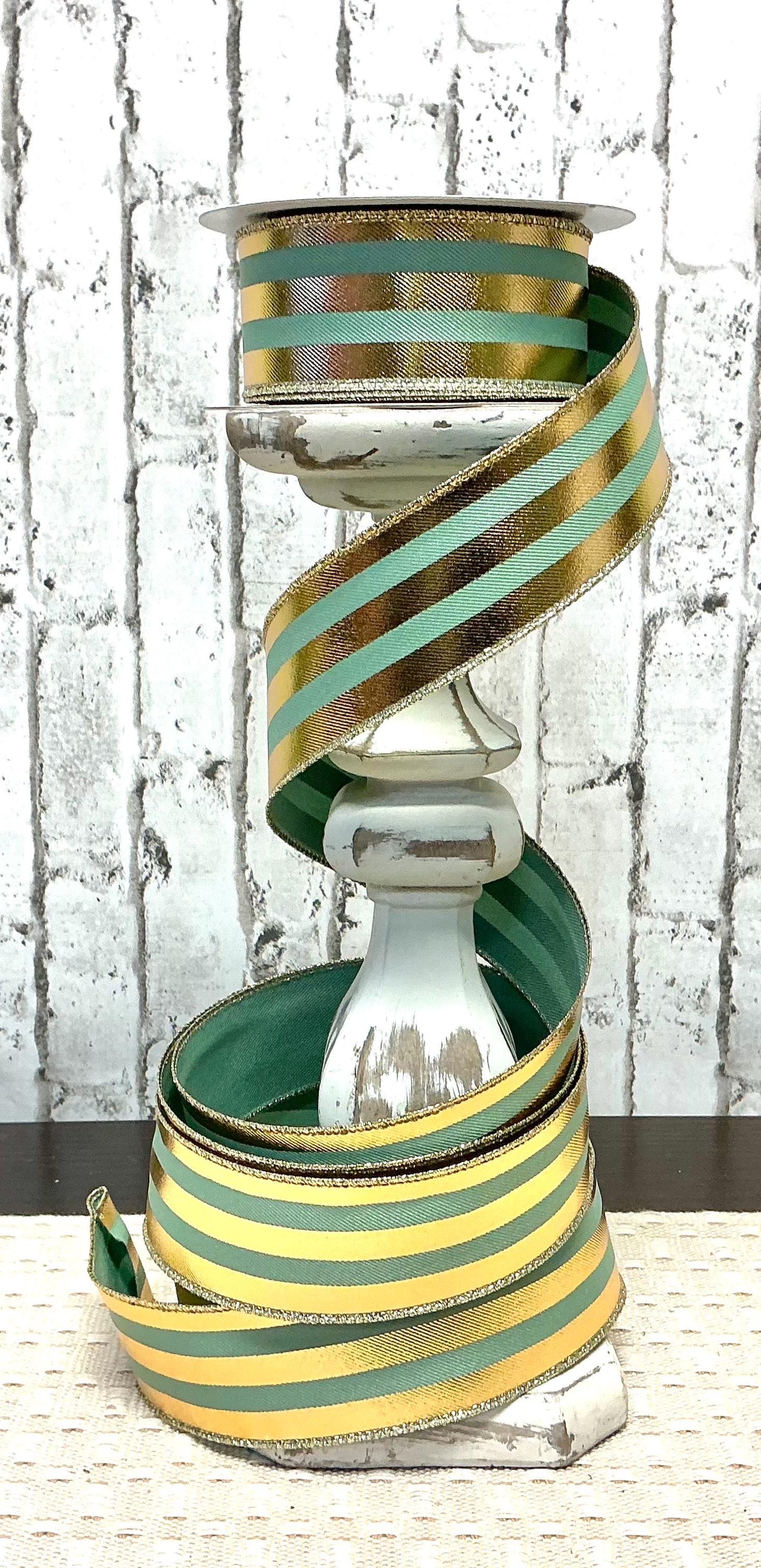 Sage and metallic gold stripe, 1.5”x10YD, RGE142891