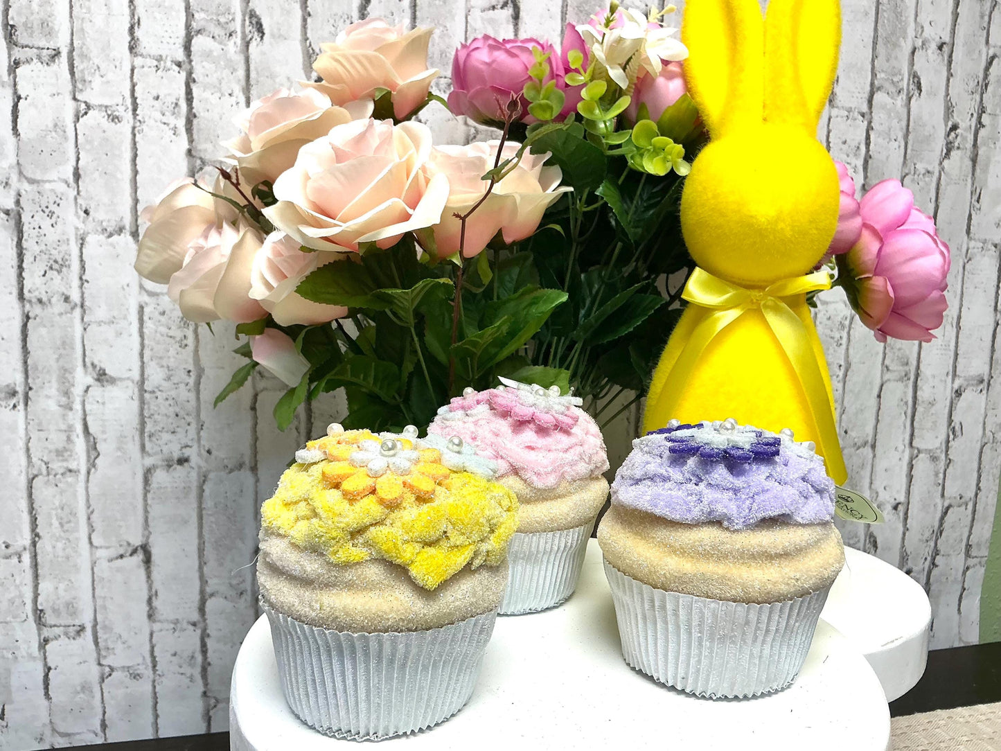 4” Cupcake Set, Vintage Easter Bloom Cupcakes, Purple Pink and Yellow, with white flowers, MT26324