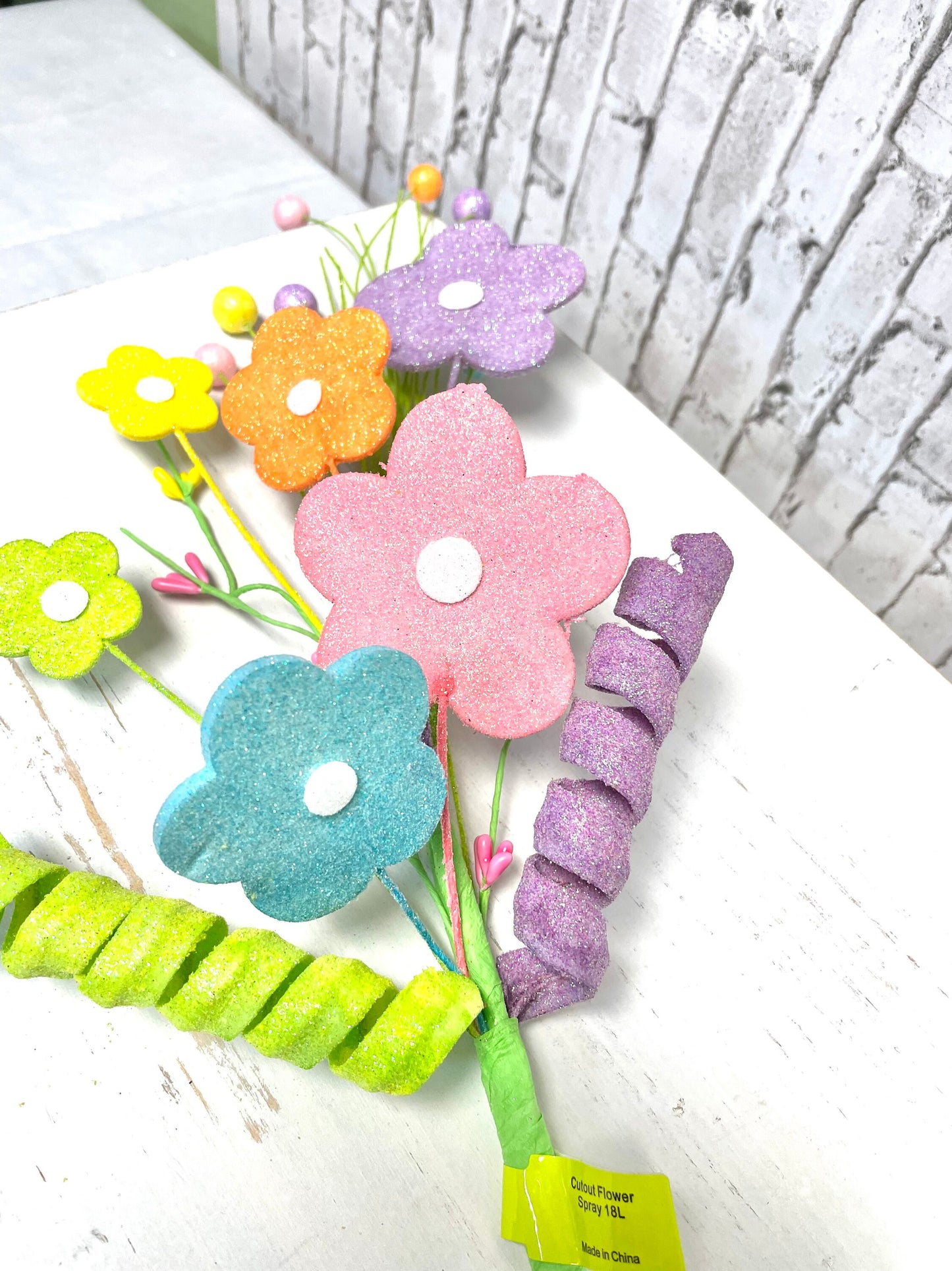 Spring spray, flower spray, 61960EAS, spring glitter flower spray, spring flower pick, glitter flower pick