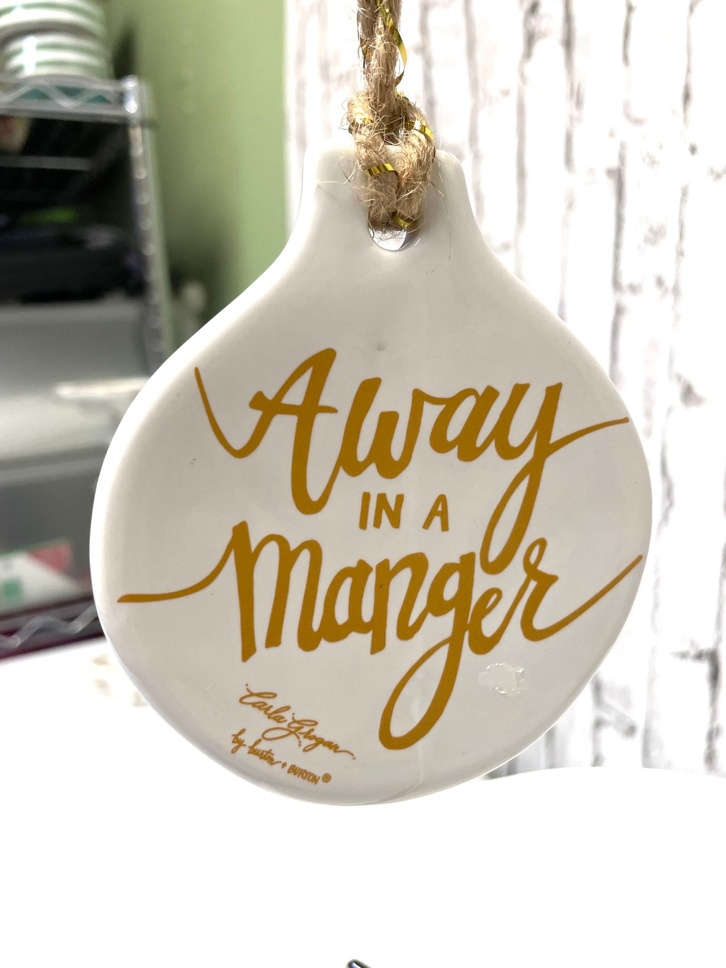 manger Christmas ornament, Away in a Manger, white and gold