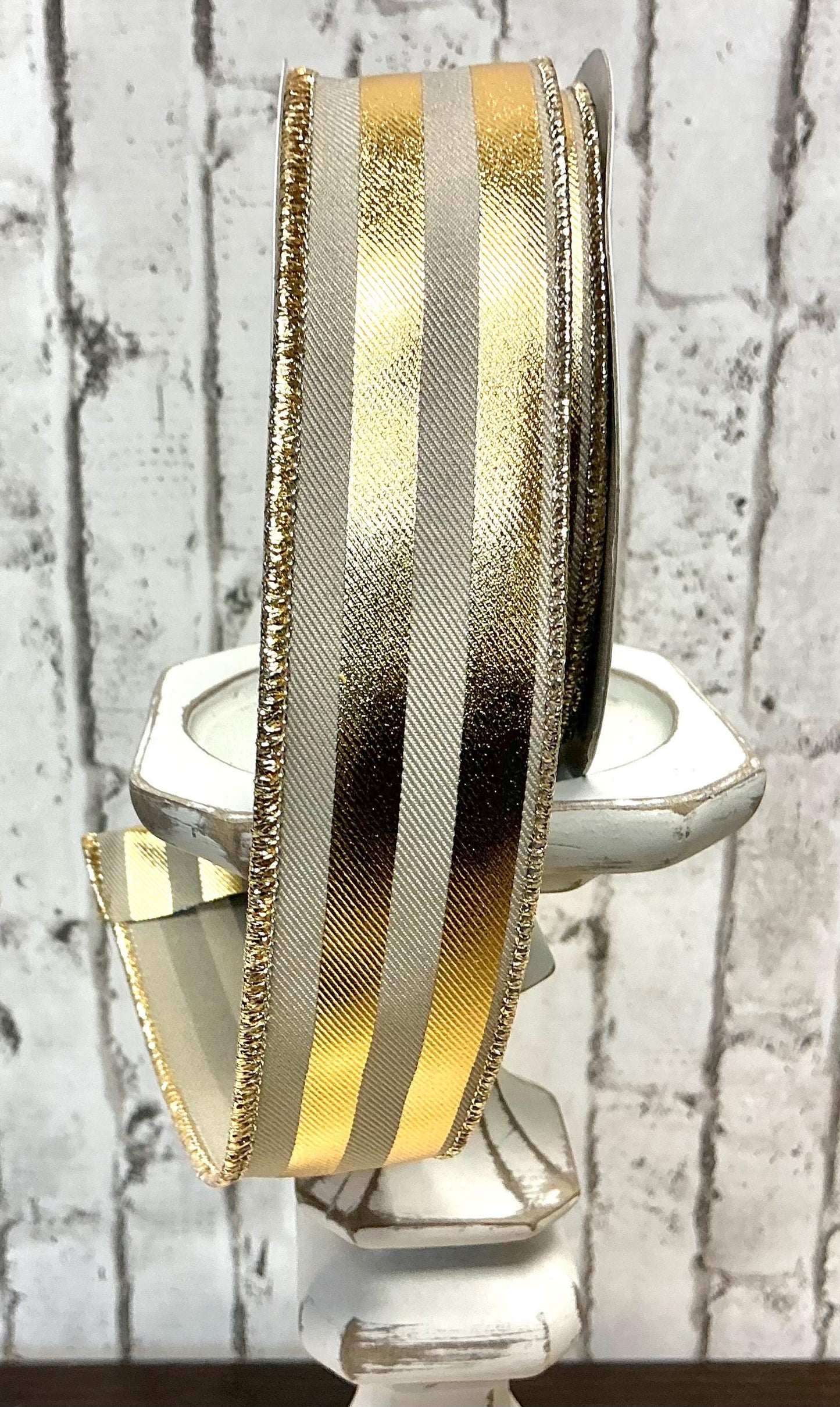 Taupe and Gold Metallic Vertival Stripes, 1.5” x 10YD, Wired, RGE142839